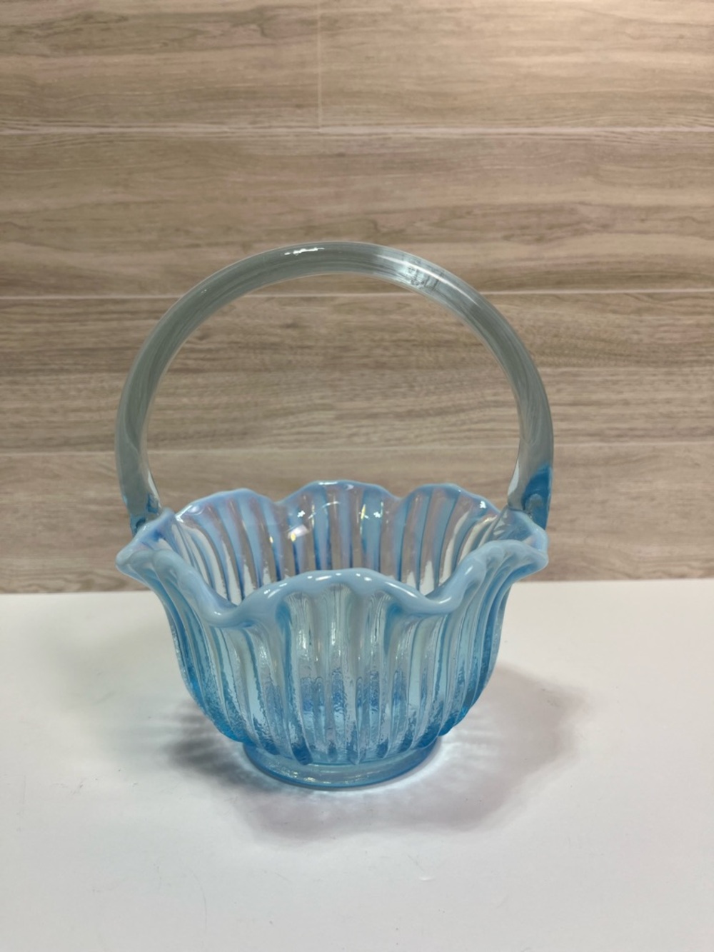 Vintage Blue Opalescent Glass
Ruffle Basket With Handle